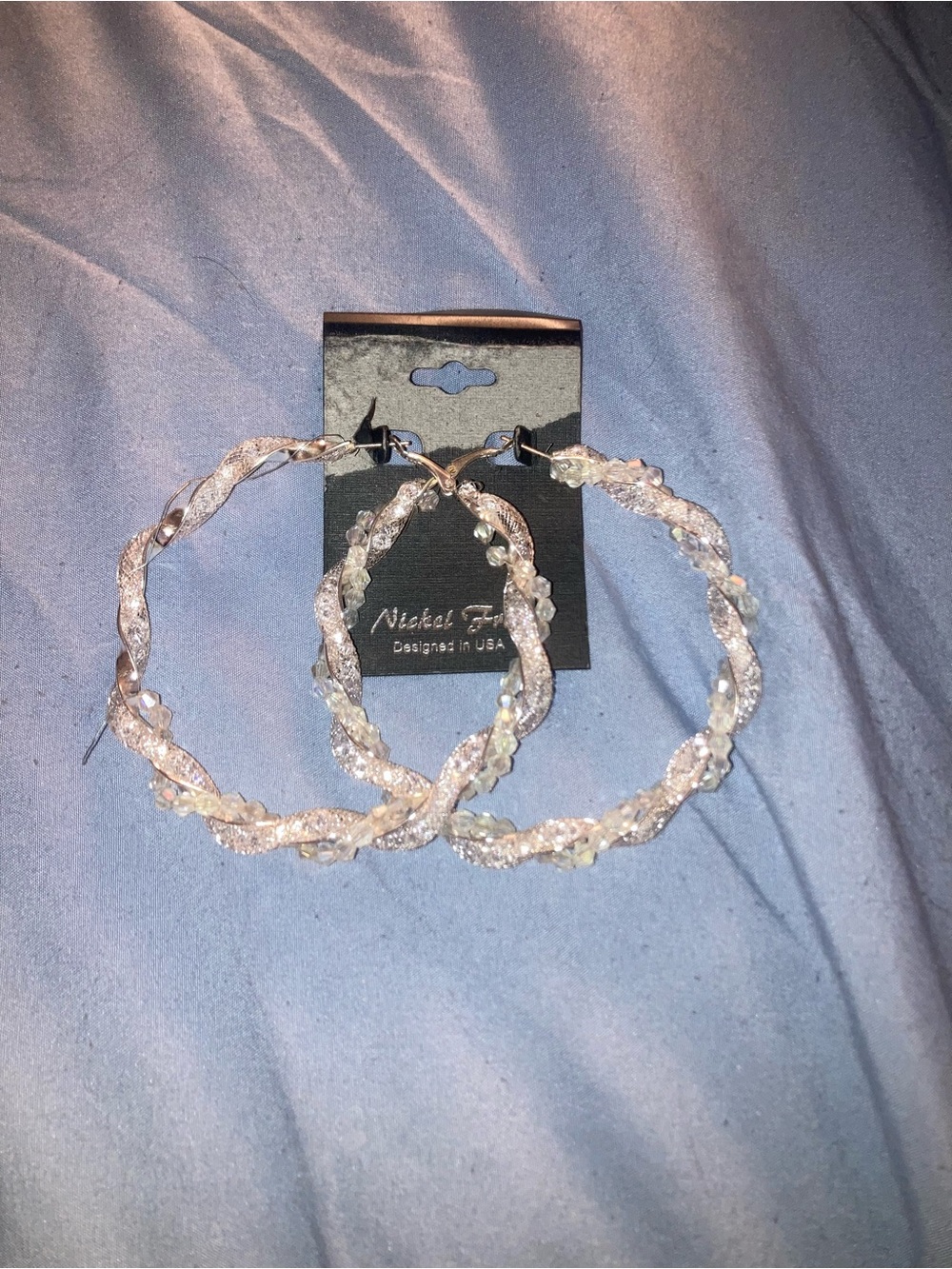 Clear Crystal Braided Hoop Earrings - Silver Tone